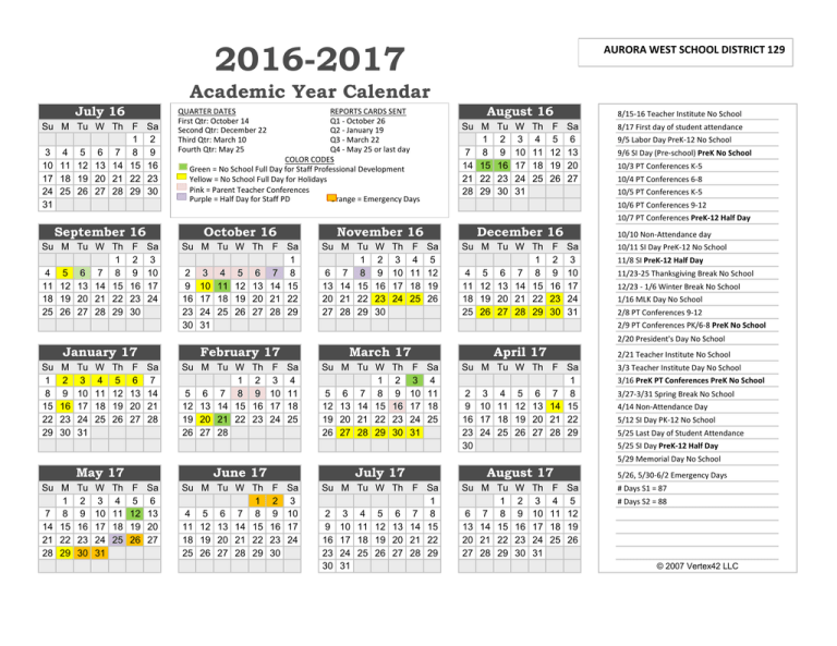 Academic Year Calendar West Aurora School District 129
