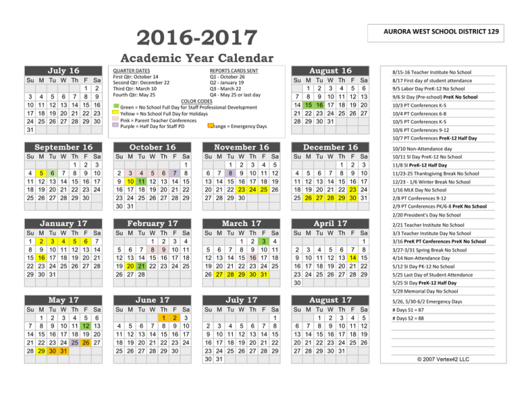 Academic Year Calendar West Aurora School District 129 Academic Year Calendar West Aurora School District 129