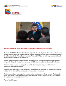 Maduro: Acuerdo de la OPEP en Argelia es un logro extraordinario