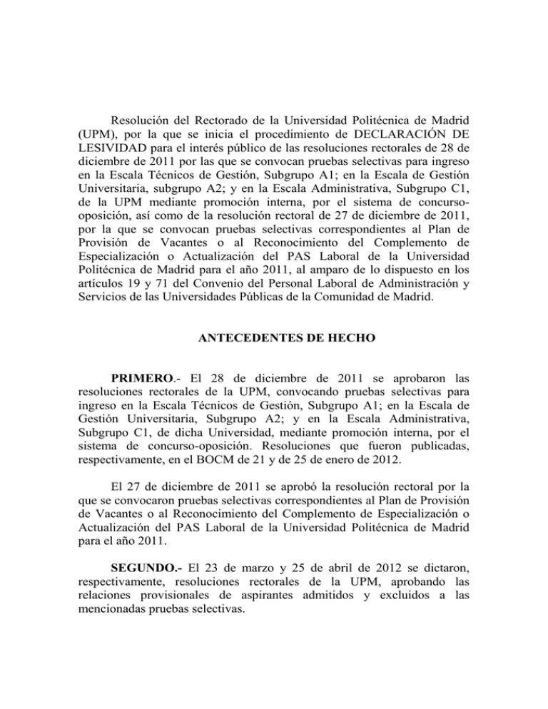 Declaración De Lesividad. Anulación De Convocatorias