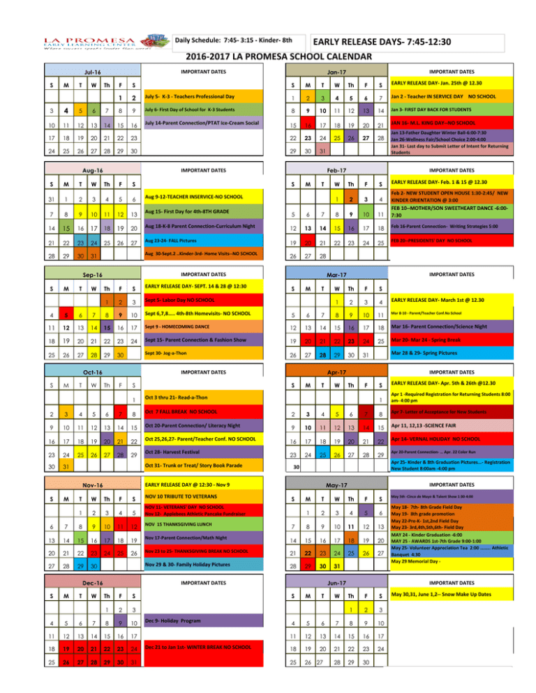 20162017 la promesa school calendar early release days 745