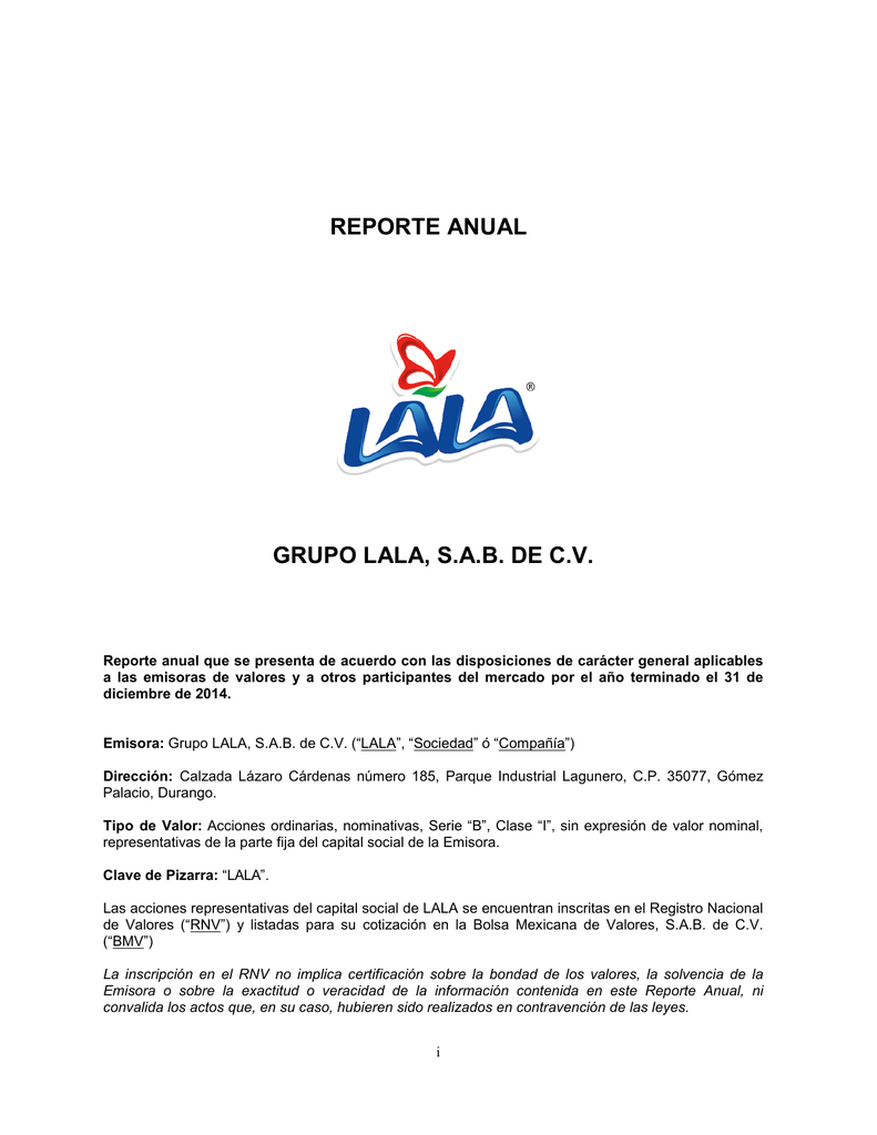 REPORTE ANUAL GRUPO LALA, S.A.B. DE C.V.