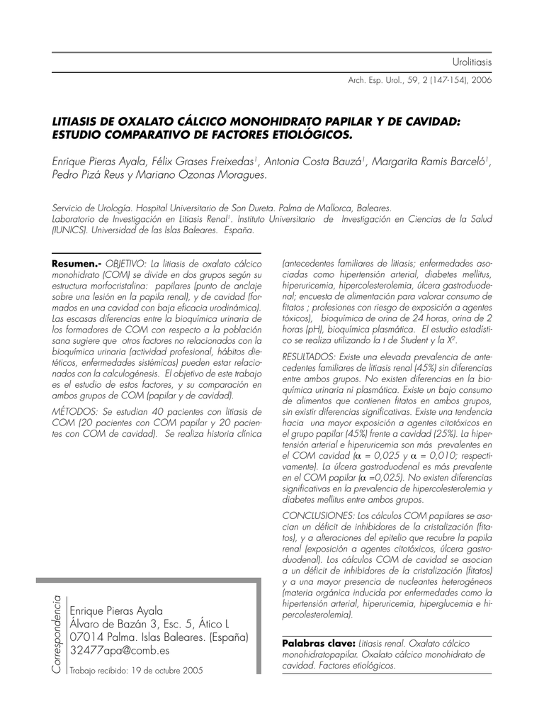 Dihidrato calcico calculos oxalato