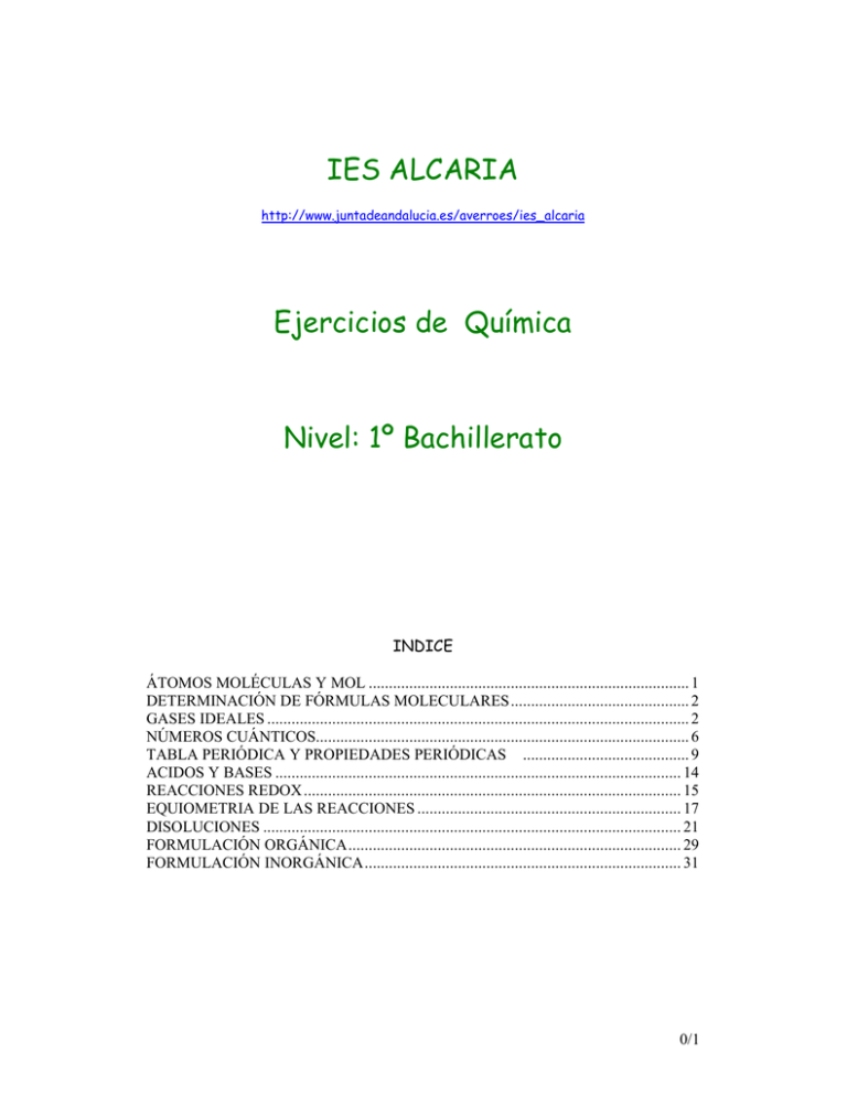 IES ALCARIA Ejercicios De Química Nivel: 1º Bachillerato