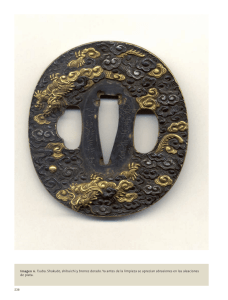 Imagen 6. Tsuba. Shakudo, shibuichi y bronce dorado. Ya antes de