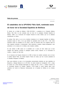 El catedrático de la UPV/EHU Félix Goñi, nombrado socio de honor