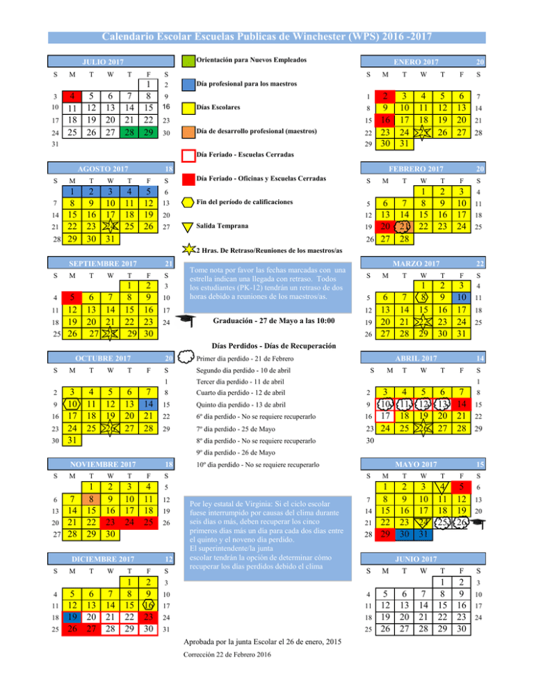 Calendario Escolar Escuelas Publicas de Winchester (WPS) 2016