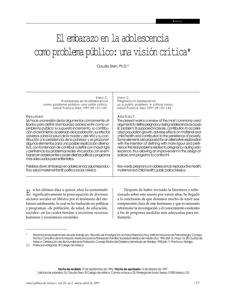 El Embarazo En La Adolescencia Como Problema Público Una Visión