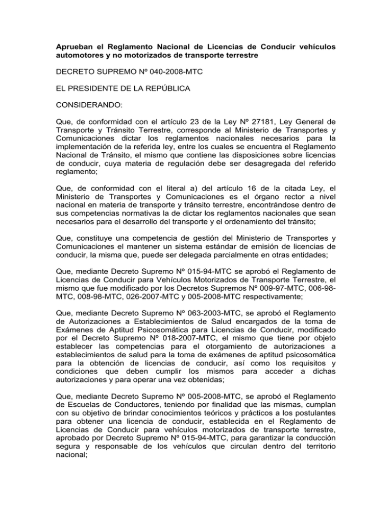 Aprueban El Reglamento Nacional De Licencias De Conducir