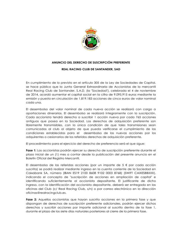 ANUNCIO DEL DERECHO DE SUSCRIPCIÓN PREFERENTE