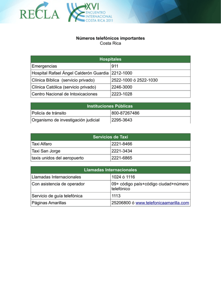 Números telefónicos importantes Costa Rica Hospitales