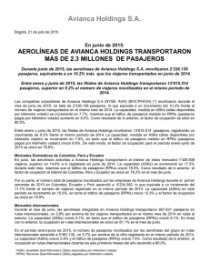 Aerolíneas de Avianca Holdings transportaron 2.3 millones de