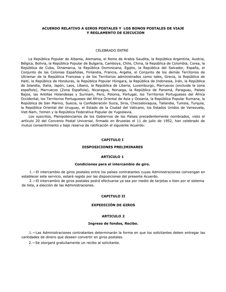 ACUERDO RELATIVO A GIROS POSTALES Y LOS BONOS