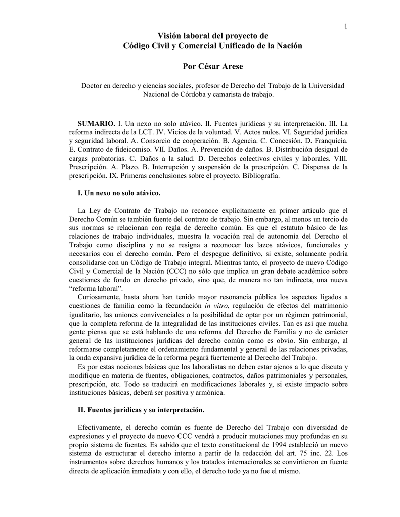 Visión Laboral Del Proyecto De Código Civil Y Comercial Unificado