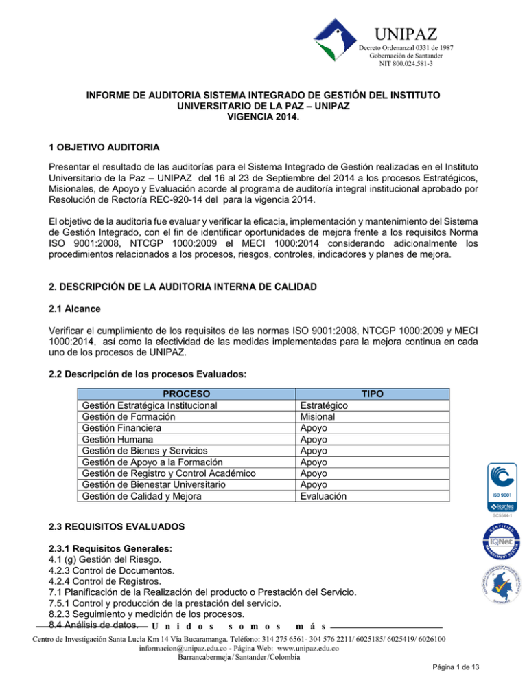 Informe Consolidado Auditoría Interna 2014 0898