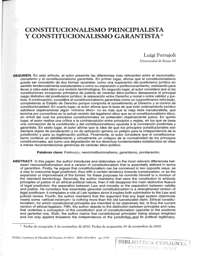 Constitucionalismo Principialista Y Constitucionalismo Garantista