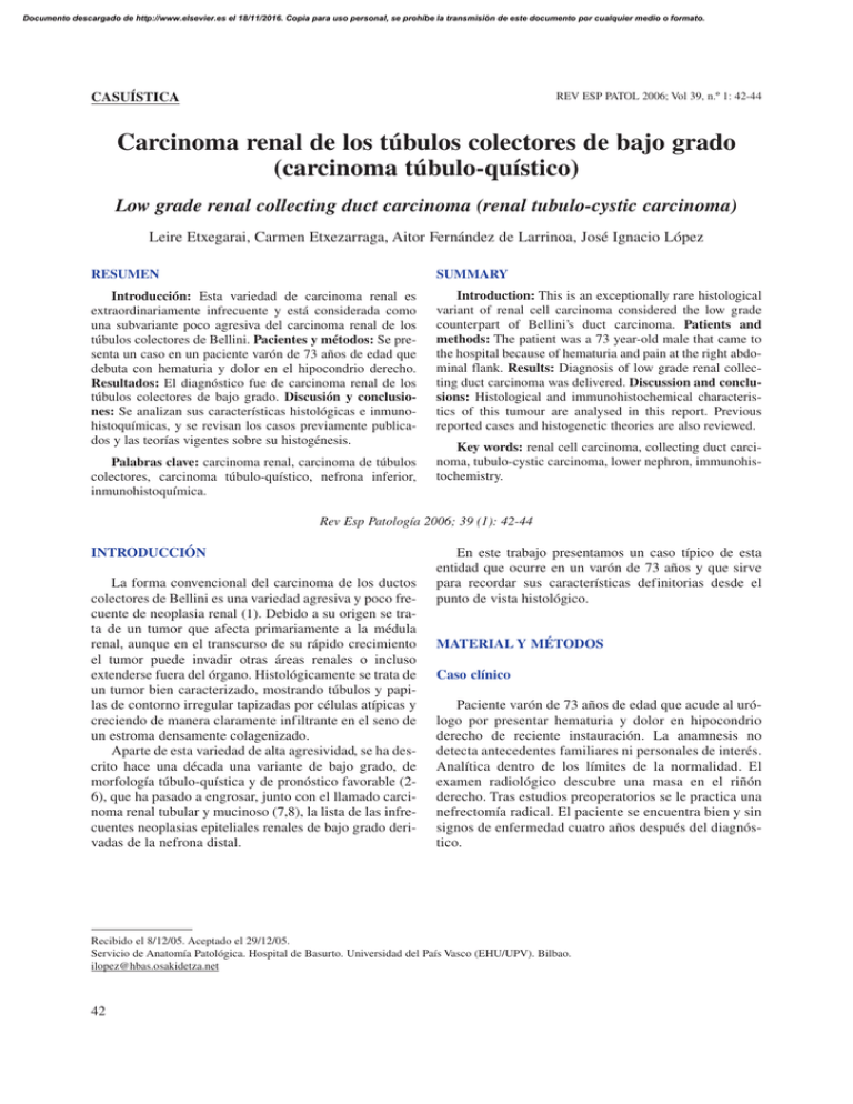 Carcinoma Renal De Los T bulos Colectores De Bajo Grado