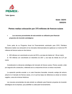 Pemex realiza colocación por 375 millones de francos suizos