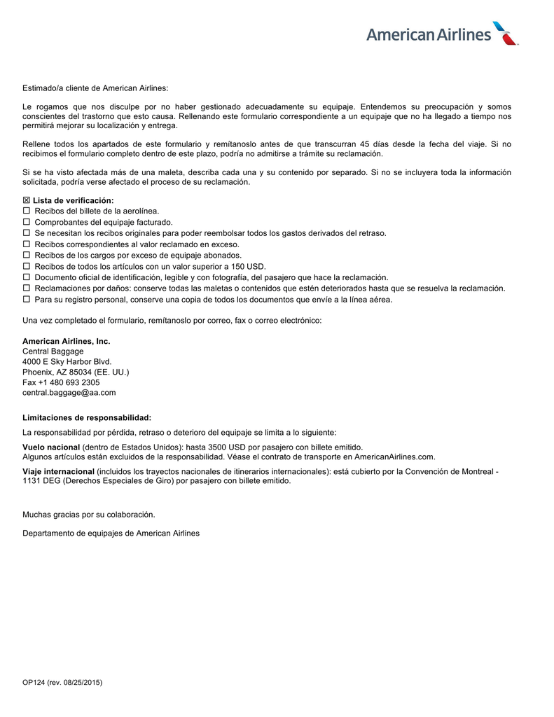 Estimado/a cliente de American Airlines: Le rogamos que nos