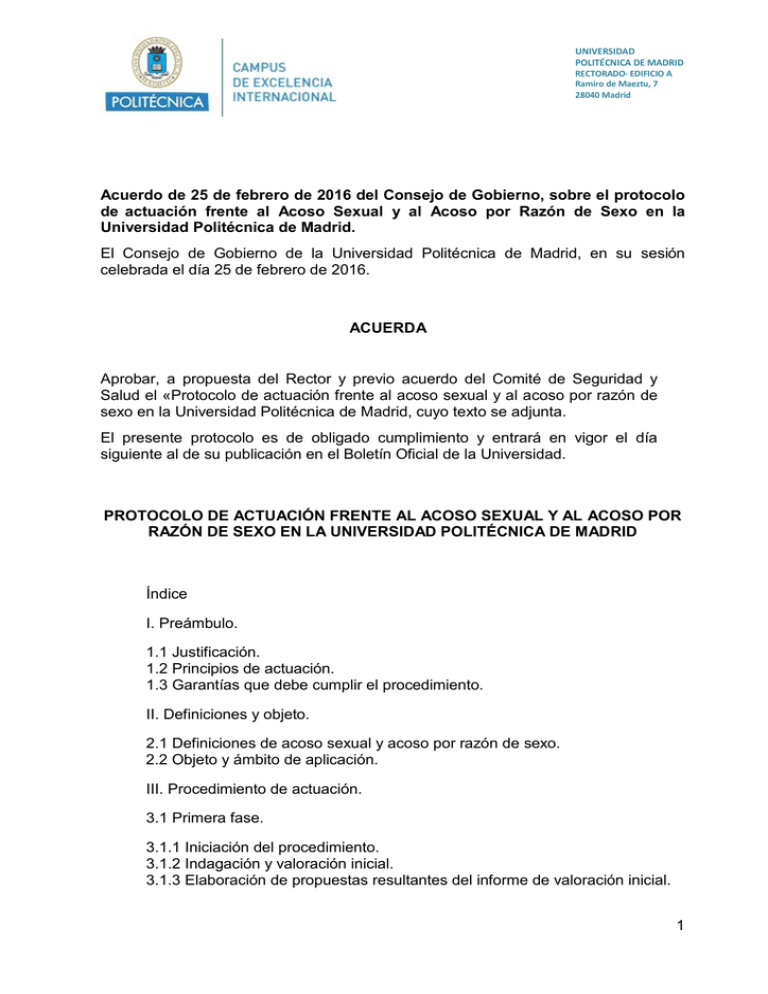 Protocolo De Actuación Frente Al Acoso Sexual Y Al Acoso Por Razón