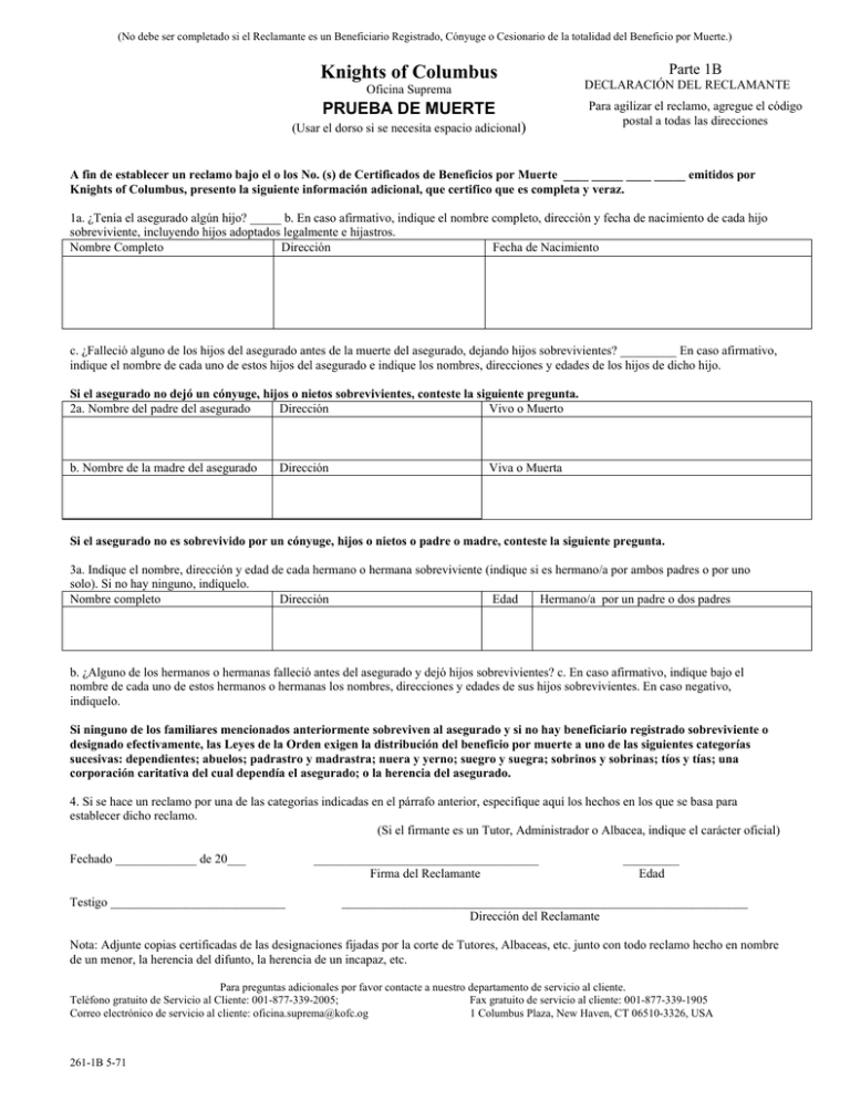 Forma Para Prueba De Muerte 1B (261-1B)