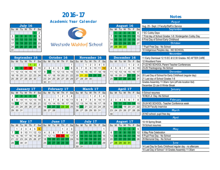 Academic Year Calendar The Westside Waldorf School