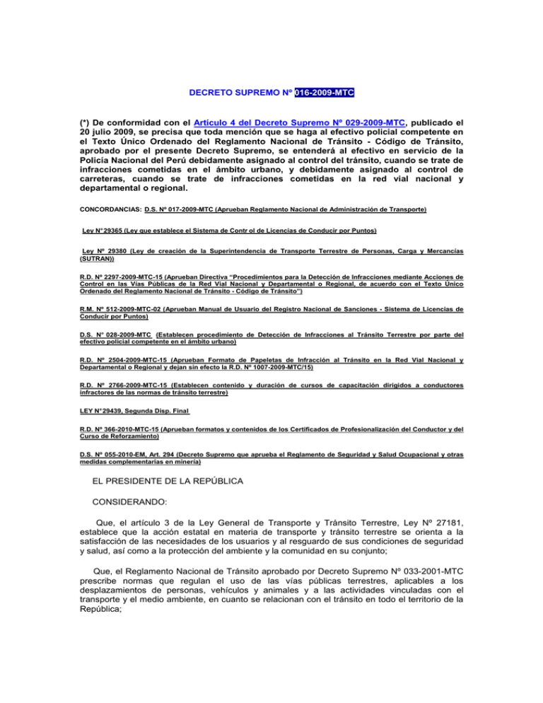 Decreto Supremo Nº 016-2009-mtc - Ministerio De Transportes Y