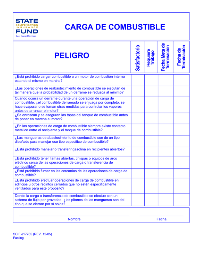 ELCOSH: Lista De Peligros: Carga De Combustible