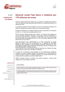 Generali vende Fata Danni a Cattolica por 179 millones de euros