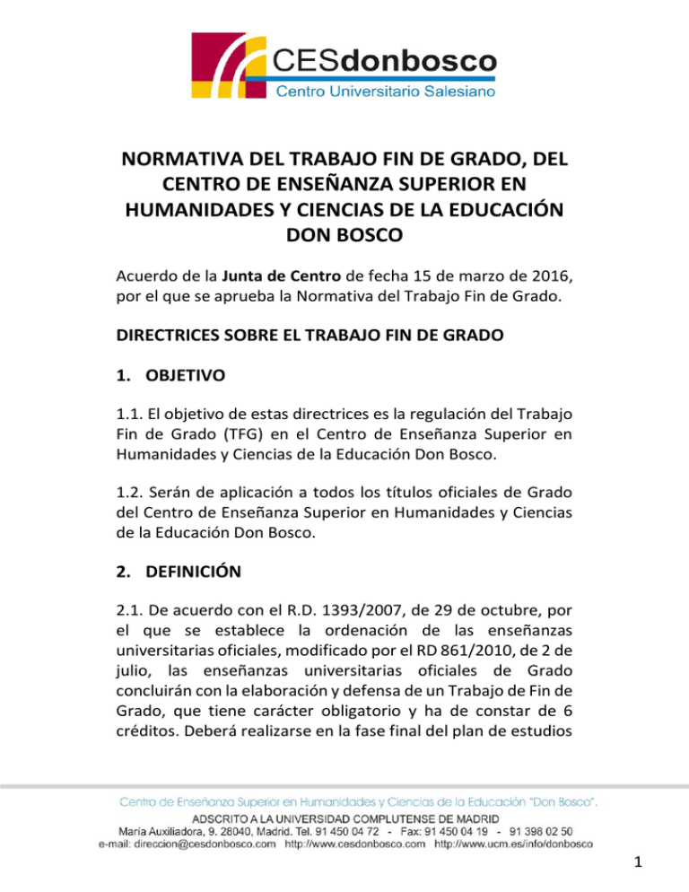 NORMATIVA DEL TRABAJO FIN DE GRADO