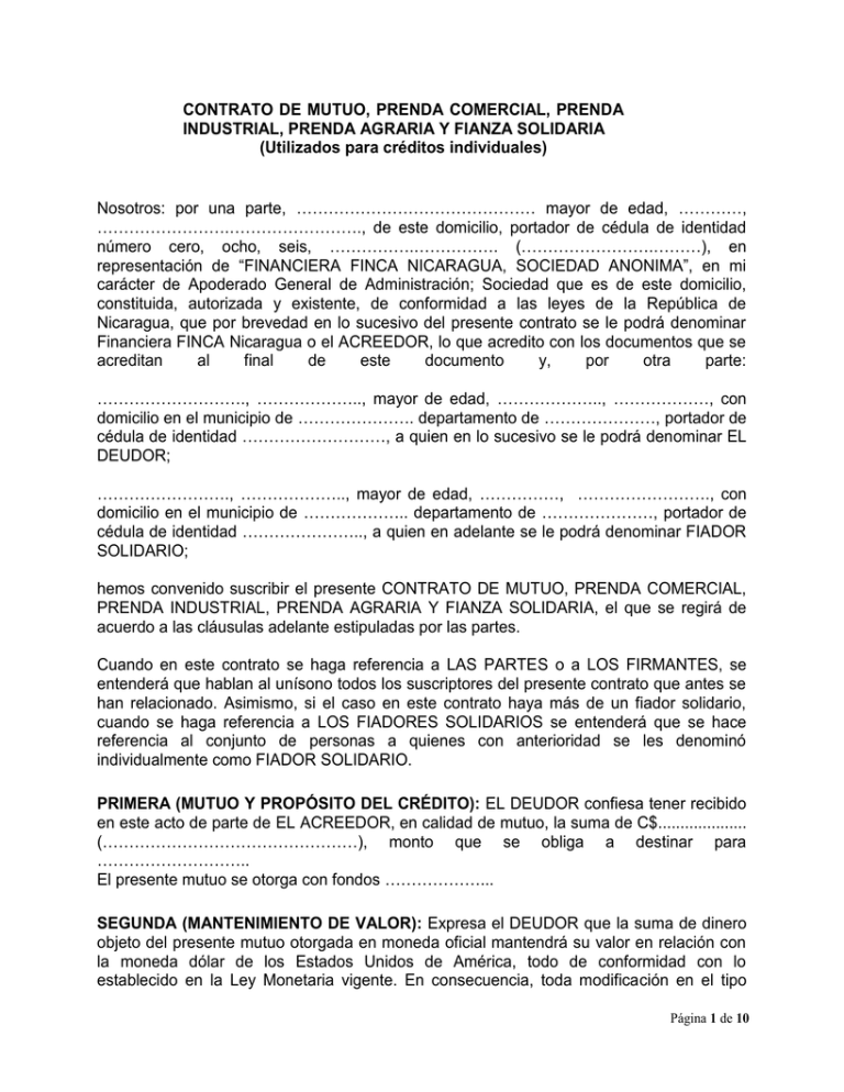 Contrato De Mutuo Prenda Comercial Prenda 5125