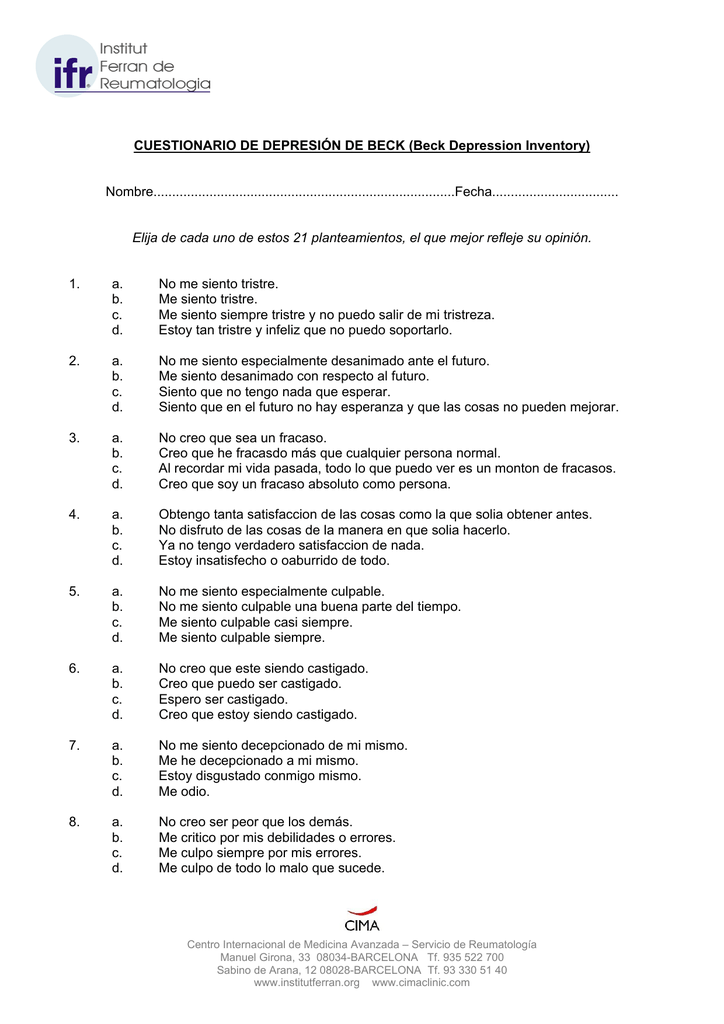 CUESTIONARIO DE DEPRESIÓN DE BECK (Beck Depression