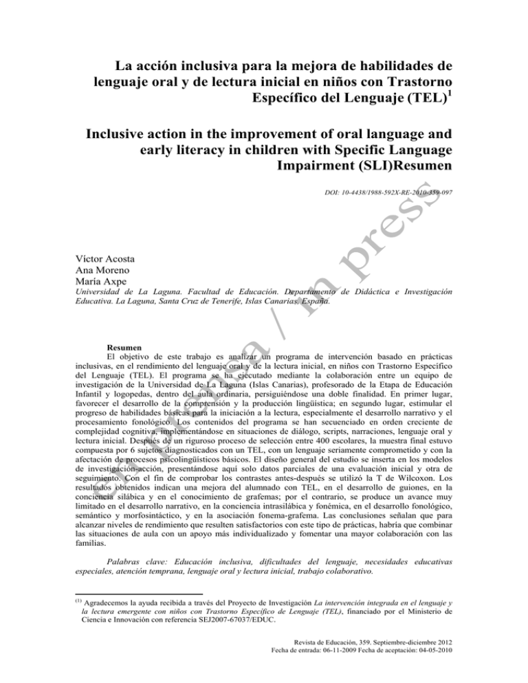 La Acci n Inclusiva Para La Mejora De Habilidades De Lenguaje Oral Y
