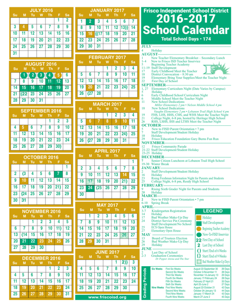 Frisco ISD School Calendar 20162017