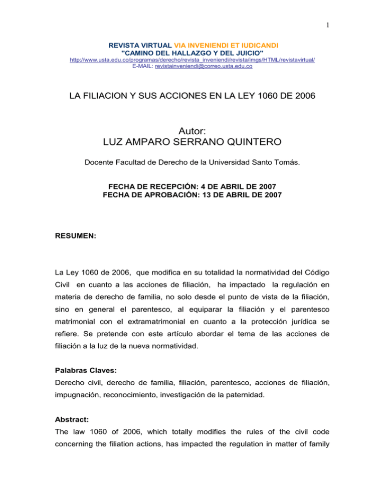 La Filiación Y Sus Acciones En La Ley 1060 De 2006.