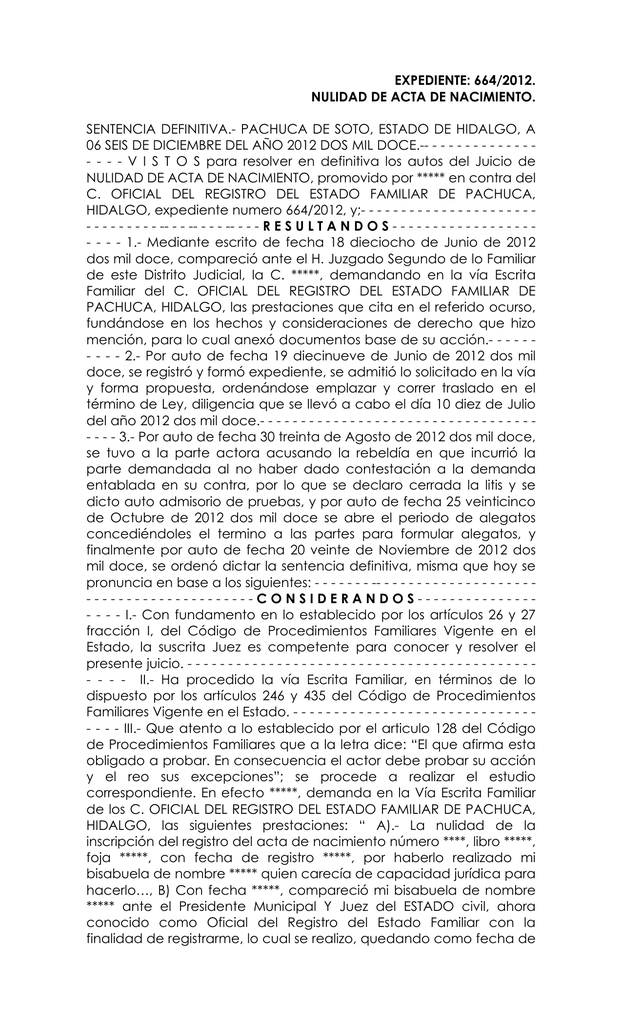 expediente 664/2012. nulidad de acta de nacimiento. sentencia expediente 664/2012. nulidad de acta de nacimiento. sentencia