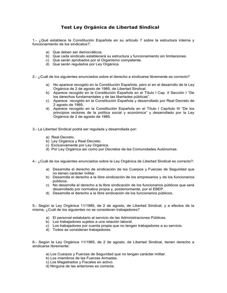 Test Ley Orgánica De Libertad Sindical