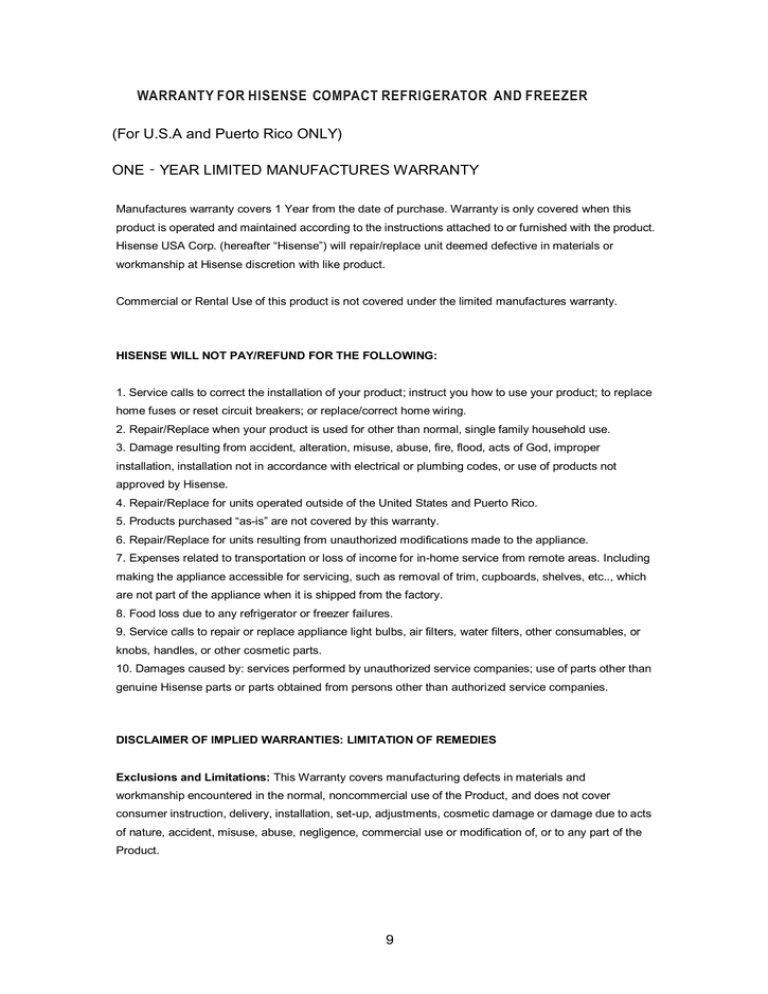 WARRANTY FOR HISENSE OMPACT