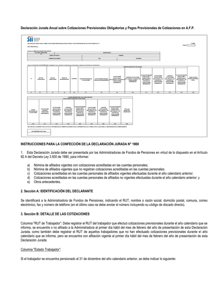 Declaración Jurada Anual Sobre Cotizaciones Previsionales