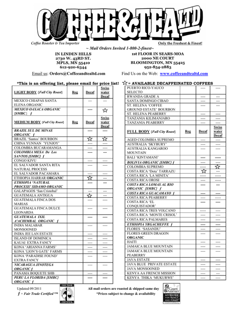 Email us Coffee and Tea Ltd