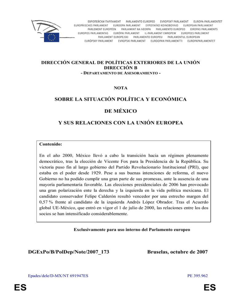 SOBRE LA SITUACIÓN POLÍTICA Y ECONÓMICA DE MÉXICO Y