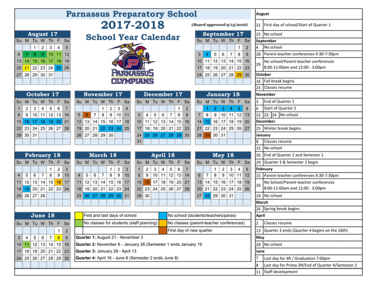 Parnassus Preparatory School School Year Calendar