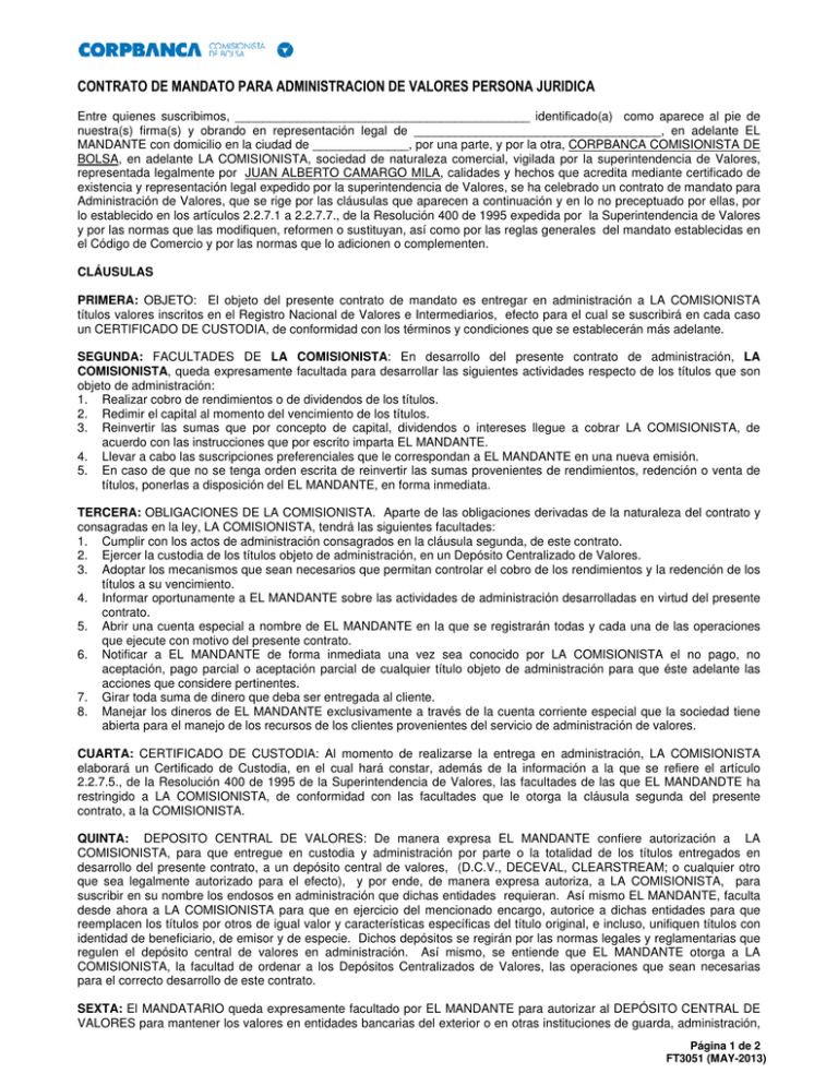 Formato Contrato de Mandato para Administración de Valores