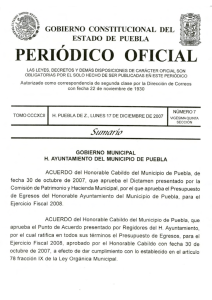 Presupuesto de Egresos del Municipio de Puebla para el Ejercicio