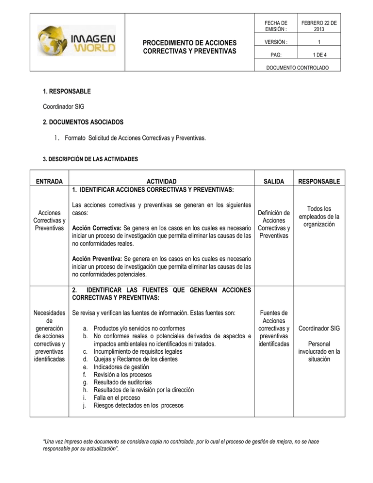 Procedimiento De Acciones Correctivas Y Preventivas