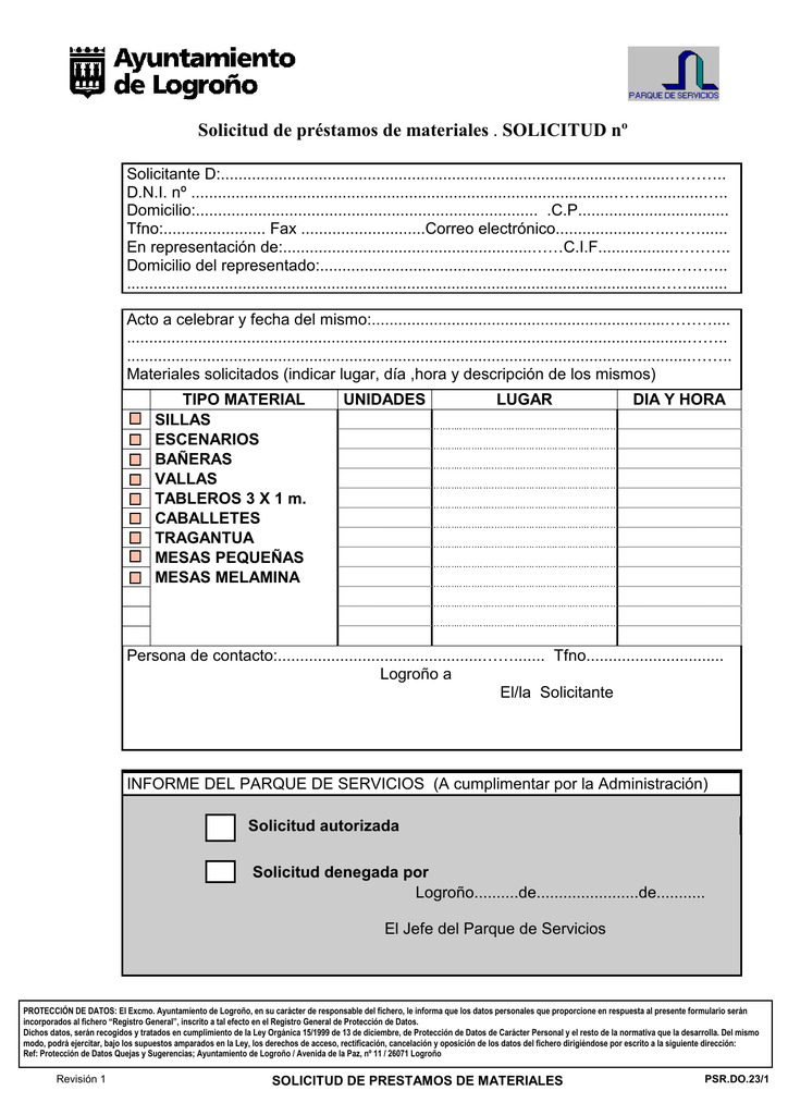 Modelo de Solicitud de préstamo de materiales al Parque de Servicios