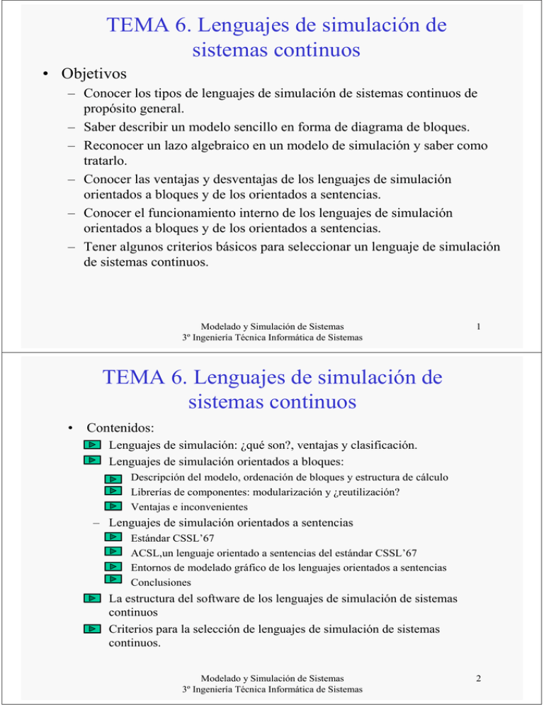 TEMA 6. Lenguajes De Simulación De Sistemas Continuos TEMA 6