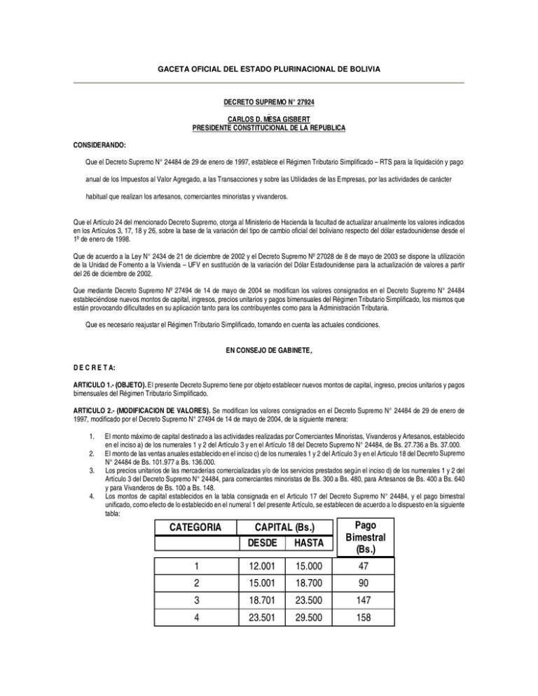 Decreto Supremo N° 27924 de 20.12.2004