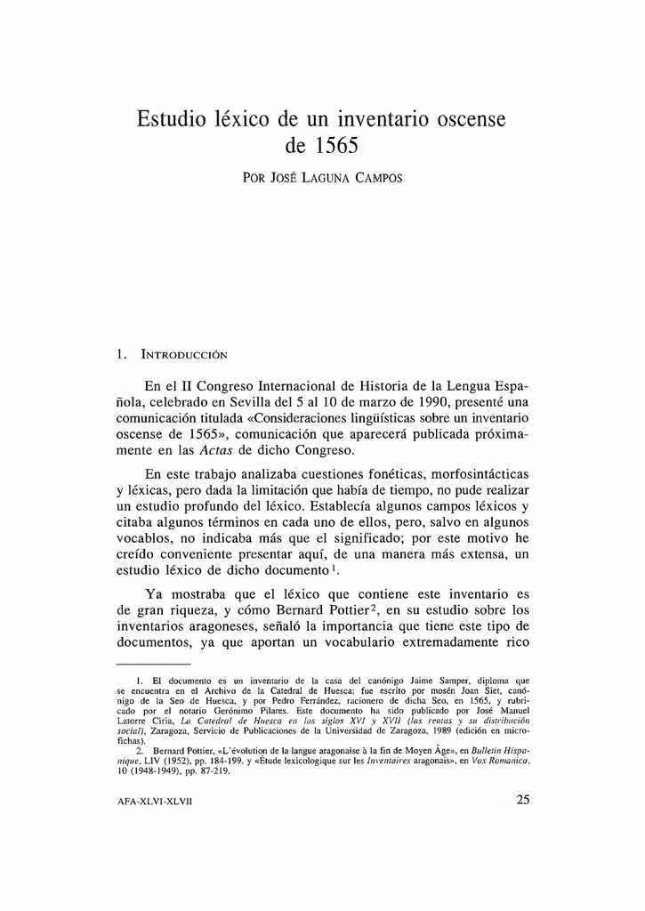 Estudio léxico de un inventario oscense de 1565