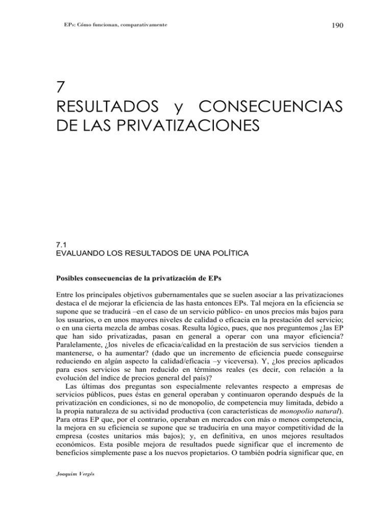 7 RESULTADOS y CONSECUENCIAS DE LAS PRIVATIZACIONES